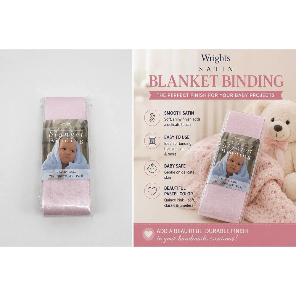 Wrights Satin Blanket Binding Quartz Pink 4 3/4 Yds Baby Quilt Trim Sewing NOS